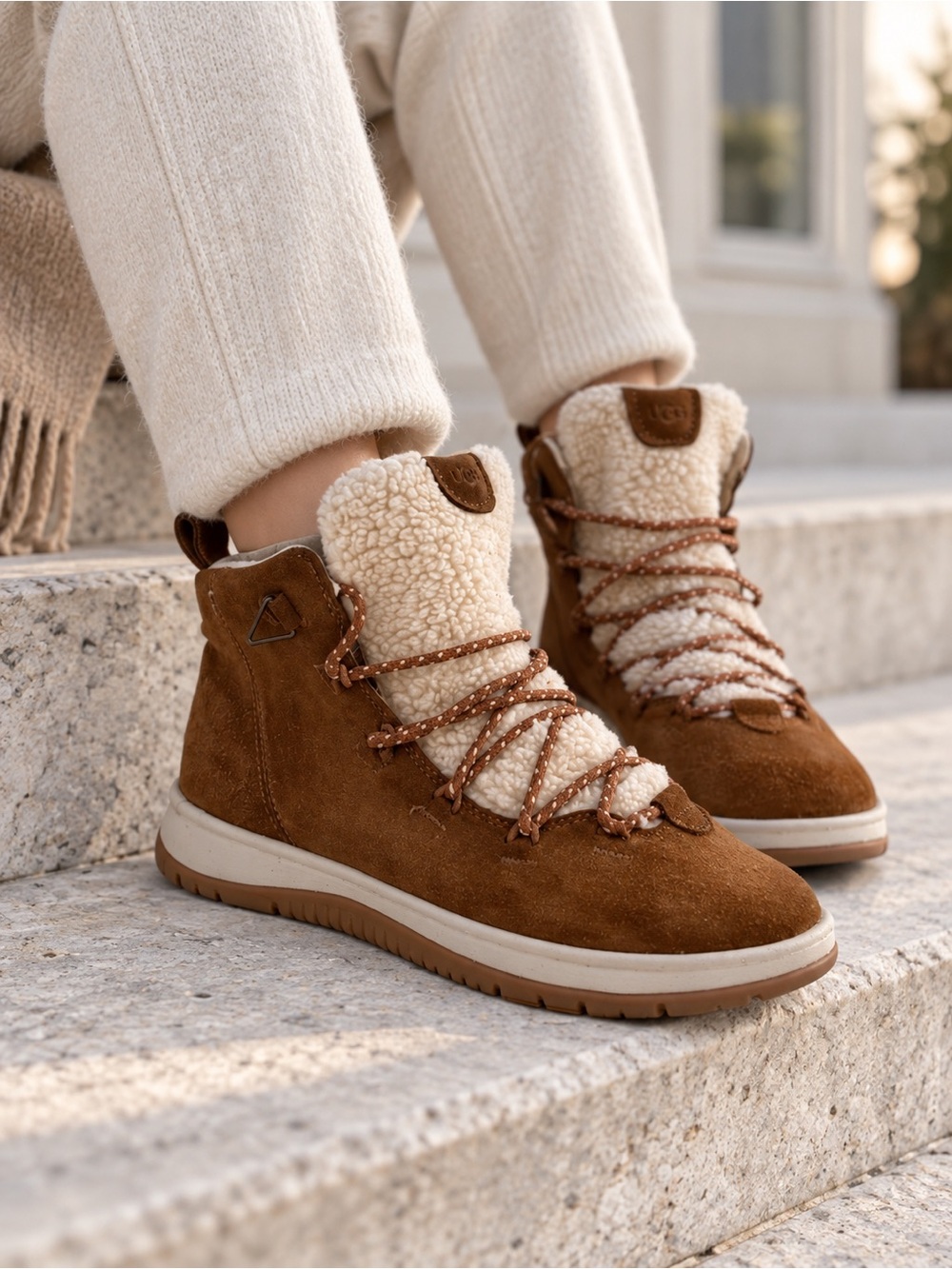 UGG Lace-Up Boots Women Brown Suede Size 10 Cream Plush Tongue Rope Laces